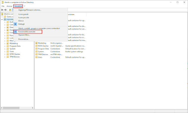Utenti e computer di Active Directory, Visualizza funzionalità avanzate