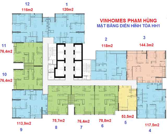 Mặt bằng Vinhomes Phạm Hùng tầng điển hình tòa HH1