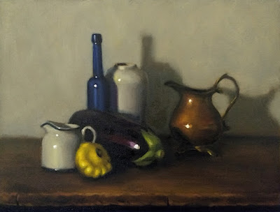 Still life oil painting of a yellow squash, a small milk jug, an eggplant, a blue castor oil bottle, a white vase and a copper jug.