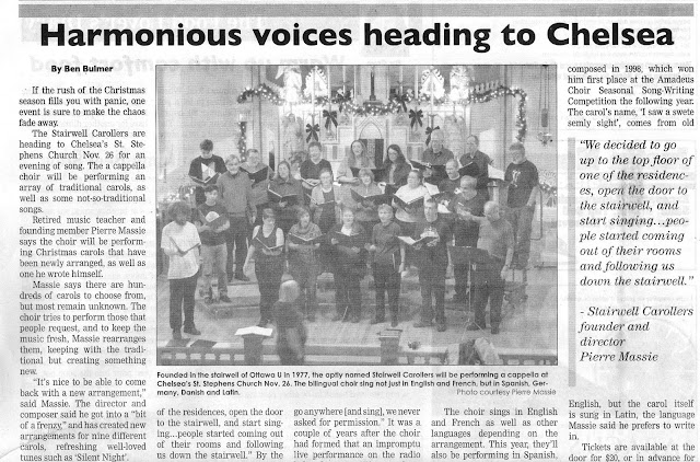 Harmonious Voices - upcoming Nov 26th Stairwell Caroller concert  -- newspaper article by Ben Bulmer