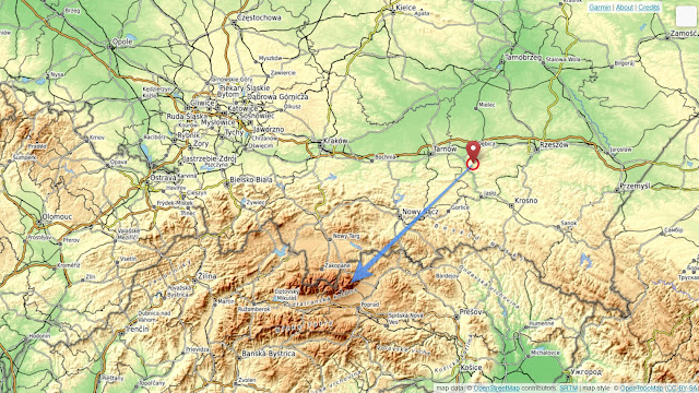 Poglądowa mapka kierunku dalekiej obserwacji Tatr z Południka Braciejowa