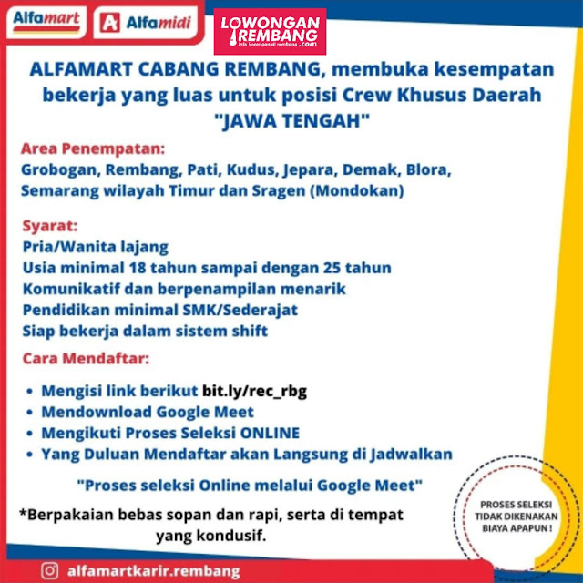 Lowongan Kerja Pegawai Crew Store Alfamart Rembang Grobogan Pati Kudus Jepara Demak Blora Semarang Sragen