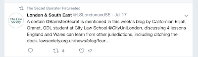 Depicts a retweet from the Secret Barrister of an original tweet by the law society promoting Elijah Granet's recent blog.