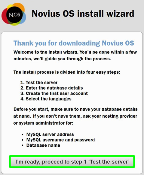 novius-os installation welcome page