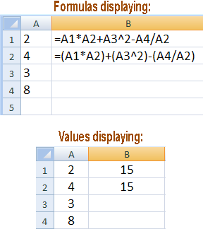 Worksheet sample showing two equations, one with parentheses and one without, but coming up with same answer - illustrating Excel following the Mathematical Order of Operations