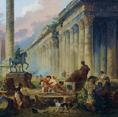 Detalhe de “Vista imaginária de Roma com a estátua equestre de Marco Aurélio, a coluna de Trajano e um templo” (1786), pintura de Hubert Robert (1733-1808) pertencente ao acervo do Museu Nacional de Arte Ocidental, Tóquio, Japão.