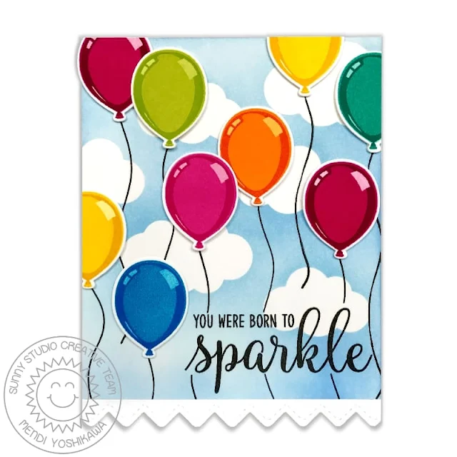 Sunny Studio Stamps: Birthday Balloon Color Layering Rainbow Balloons with Clouds Born To Sparkle Card by Mendi Yoshikawa