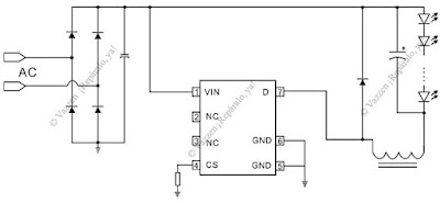 circuito electrónico usado en  lamparas LEds con un solo Ic y bobina.