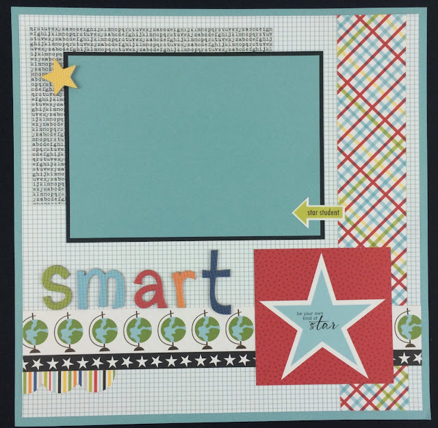 Star Student School Scrapbook Layout with globes, stars, and a colorful plaid