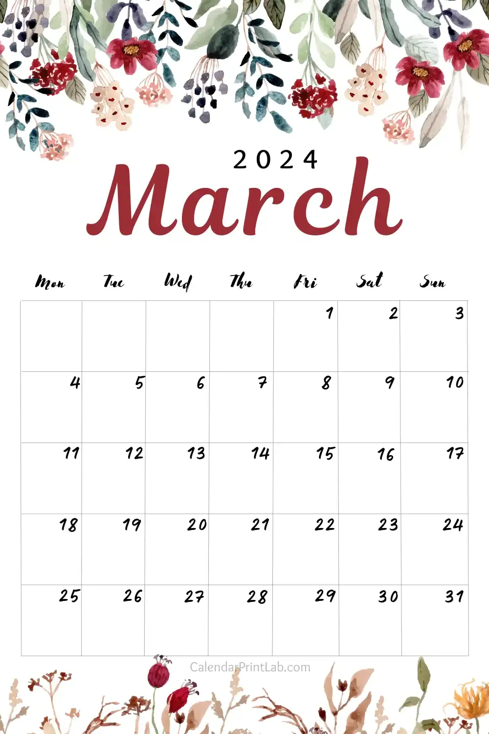 Free March 2024 Floral Calendar