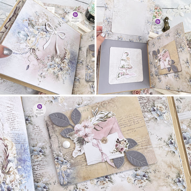 Shabby chic mini album created with Prima Marketing Frank Garcia Memory Hardware Album, Bohemian Heart collection, and Postcards from Paradise collection.