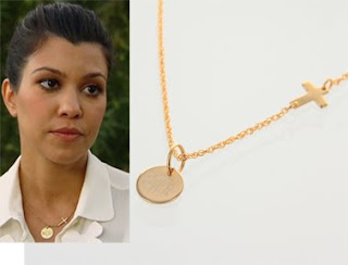 kourtney kardashian monogram initial gold charm on sideways cross chain necklace