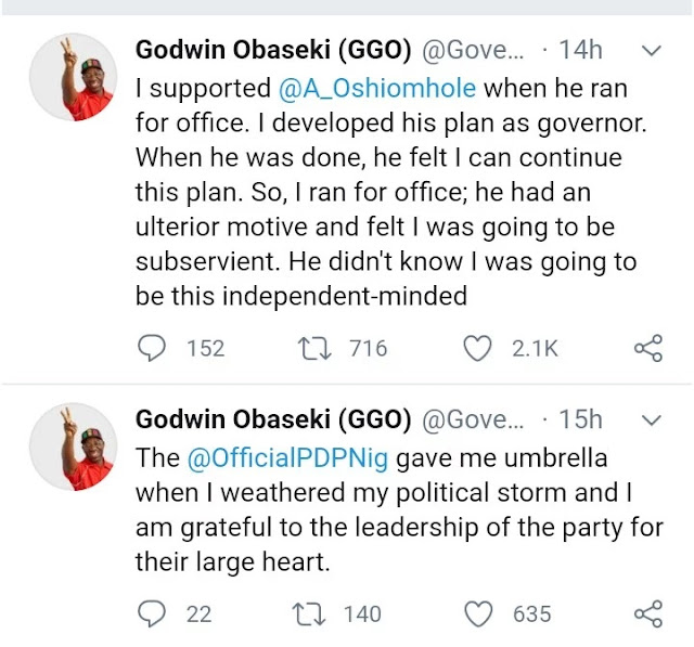 Edo election: Obaseki finally gives real reasons he broke up with Oshiomhole