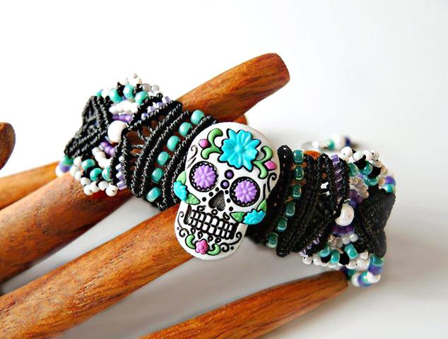 Day of the Dead Sugar Skull macrame bracelet by Sherri Stokey.