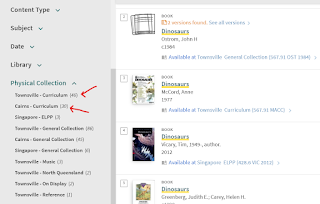 A screen shot of a search for Dinosaurs in the library's search tool, One Search. The "Physical Collection" option down the side of the screen has been selected, and arrows point to the "Townsville - Curriculum" and "Cairns - Curriculum" options.