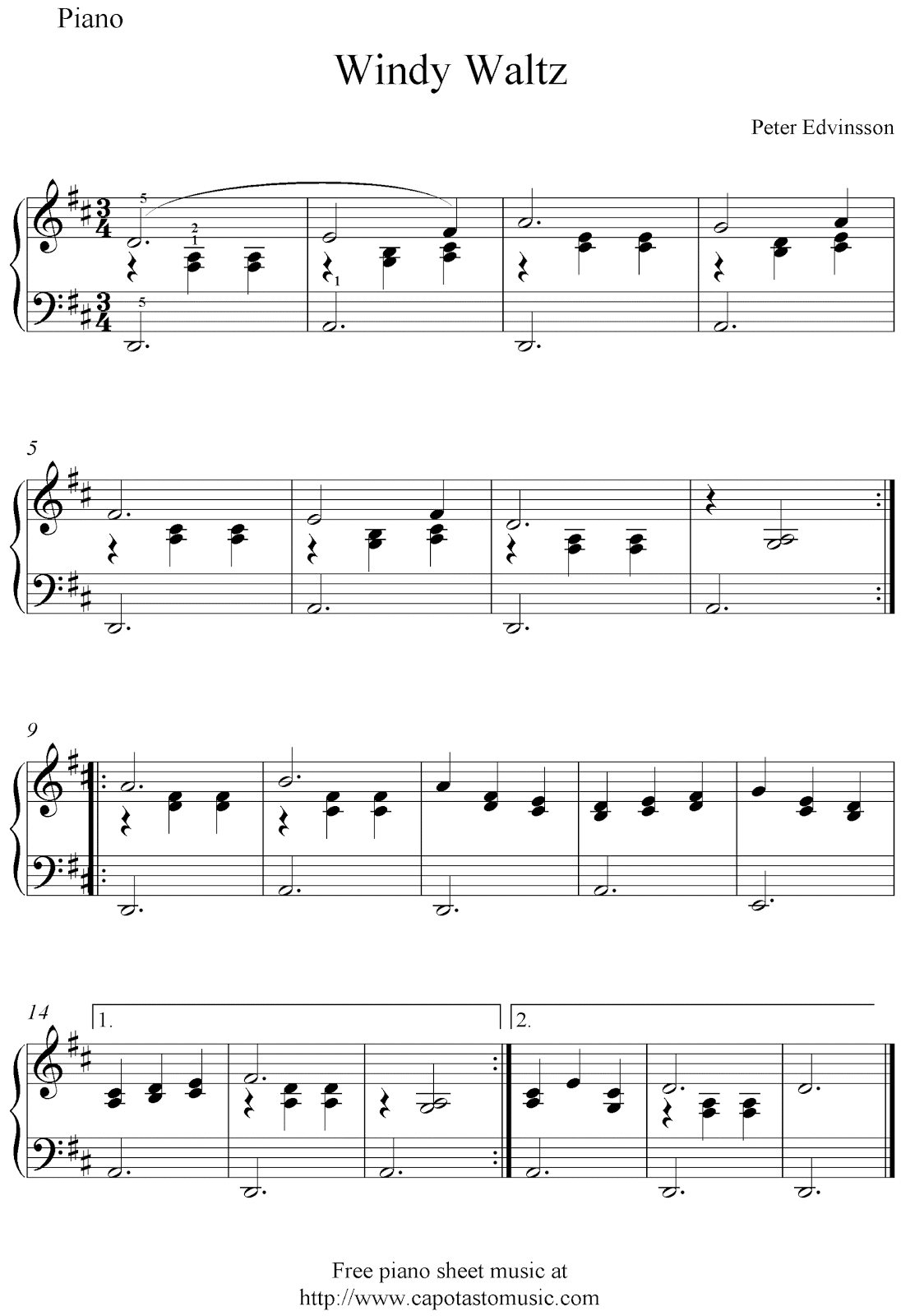 Free easy piano sheet music by Peter Edvinsson, Windy Waltz