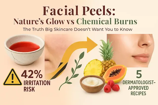 Infographic comparing natural facial peels versus chemical peels, showing irritation risk, skin redness, and natural glow benefits with fruits and DIY recipes.