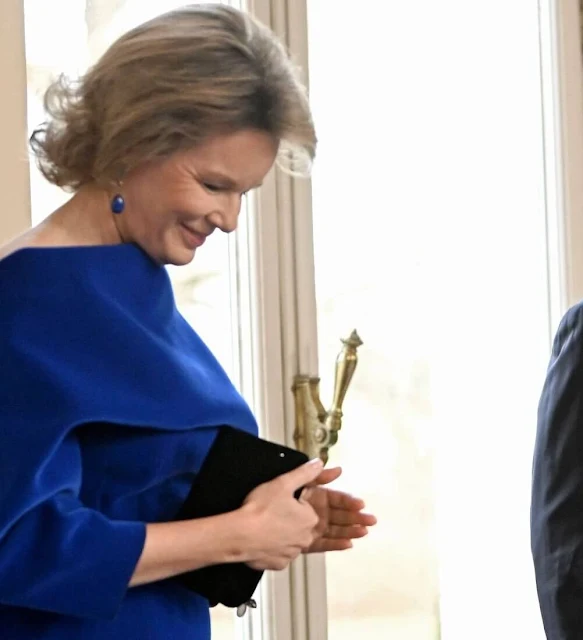 Queen Mathilde wore a royal blue velvet flexible scuba dress by Natan for the European institutions meeting