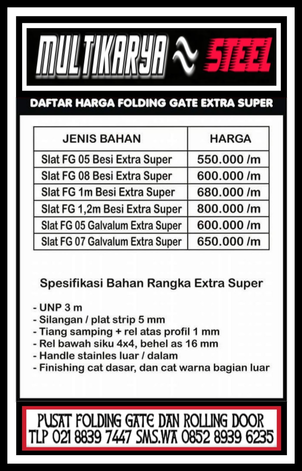 Daftar Harga Pintu Harmonika Bekasi Murah FOLDING GATE 