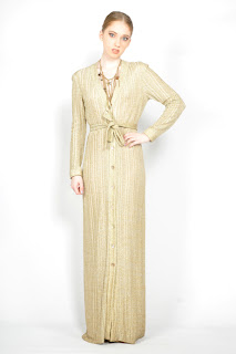 Vintage 1970's gold lurex button front maxi wrap dress with low v-neckline.