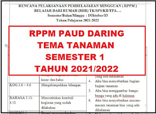 RPPM PAUD DARING TEMA TANAMAN SEMESTER 1 TAHUN PELAJARAN 2021/2022