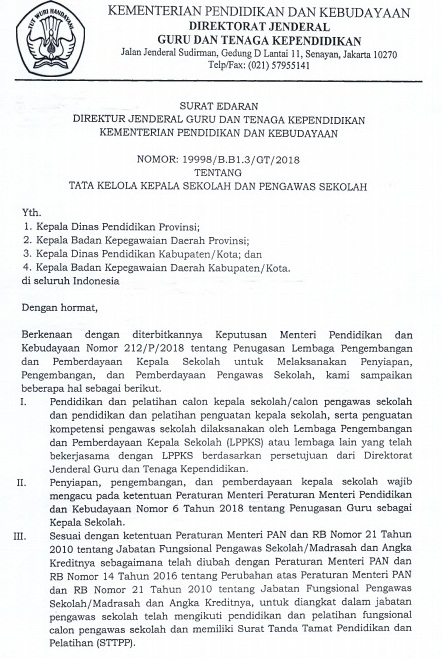  SURAT EDARAN GTK TENTANG TATA KELOLA KEPALA SEKOLAH DAN PENGAWAS SEKOLAH  SURAT EDARAN GTK TENTANG TATA KELOLA KEPALA SEKOLAH DAN PENGAWAS SEKOLAH (PENGELOALAN DIKLAT CALON KEPALA SEKOLAH DAN DIKLAT PENGUATAN CALON KEPALA SEKOLAH DAN PENGAWAS SEKOLAH)