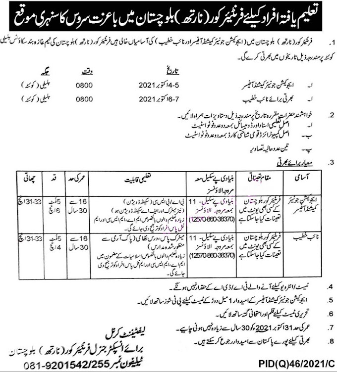 Frontier Corps FC North Balochistan Today Latest Jobs 2021 – Join FC Jobs