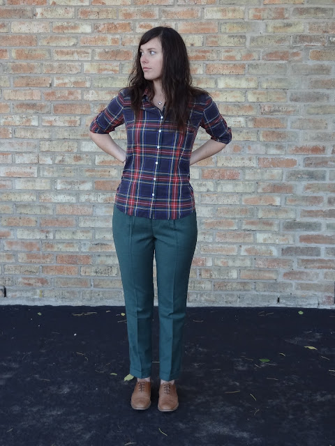 tartan plaid jcrew shirt and madewell trousers