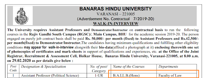 Walk-in-interview on 29/02/2020 for Assistant Professor at Banaras Hindu University, Varanasi