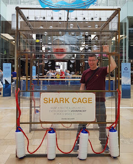 In a shopping mall shark cage!