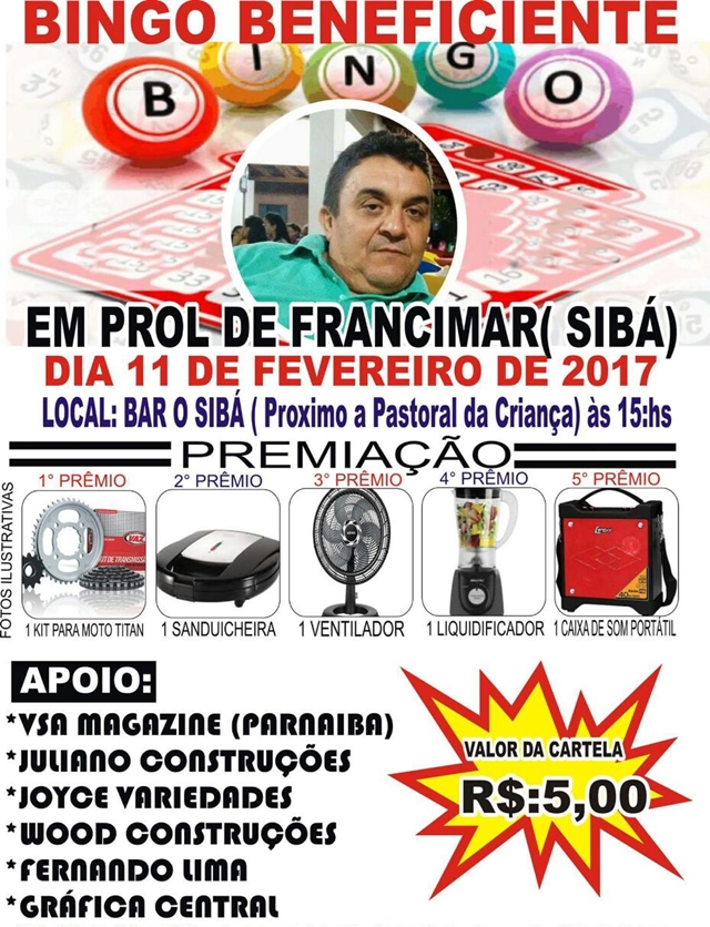 Participe de um bingo beneficente em prol da saúde do cocalense Sibá