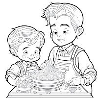 boy and his father eating pasta coloring page