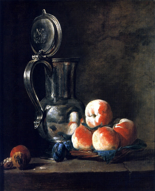 Jean-Baptiste-Siméon Chardin (1699-1779) Pot en étain, panier de pêches, prunes et noix (1750) Staatliche Kunsthalle, Karlsruhe.