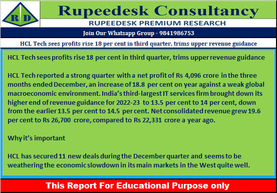 HCL Tech sees profits rise 18 per cent in third quarter, trims upper revenue guidance - Rupeedesk Reports - 13.01.2023