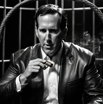 Rick santorum wearing a black leather blazer and smoking a cigar and a black and white