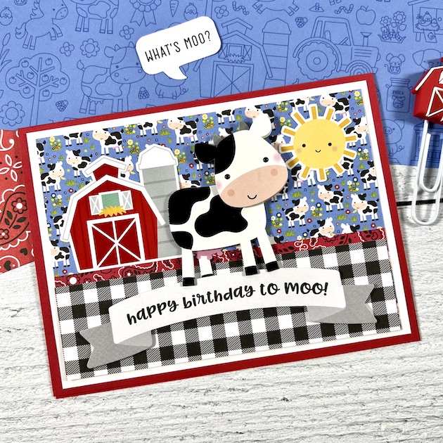 Cow Birthday Card with Farm, Barn & sunshine