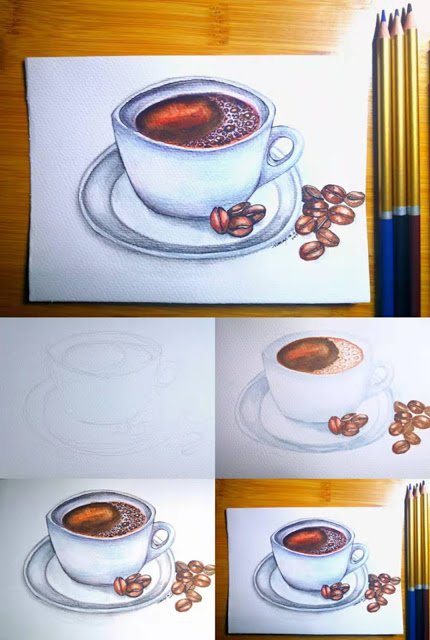 How to draw a cup of coffee with watercolor step by step tutorial