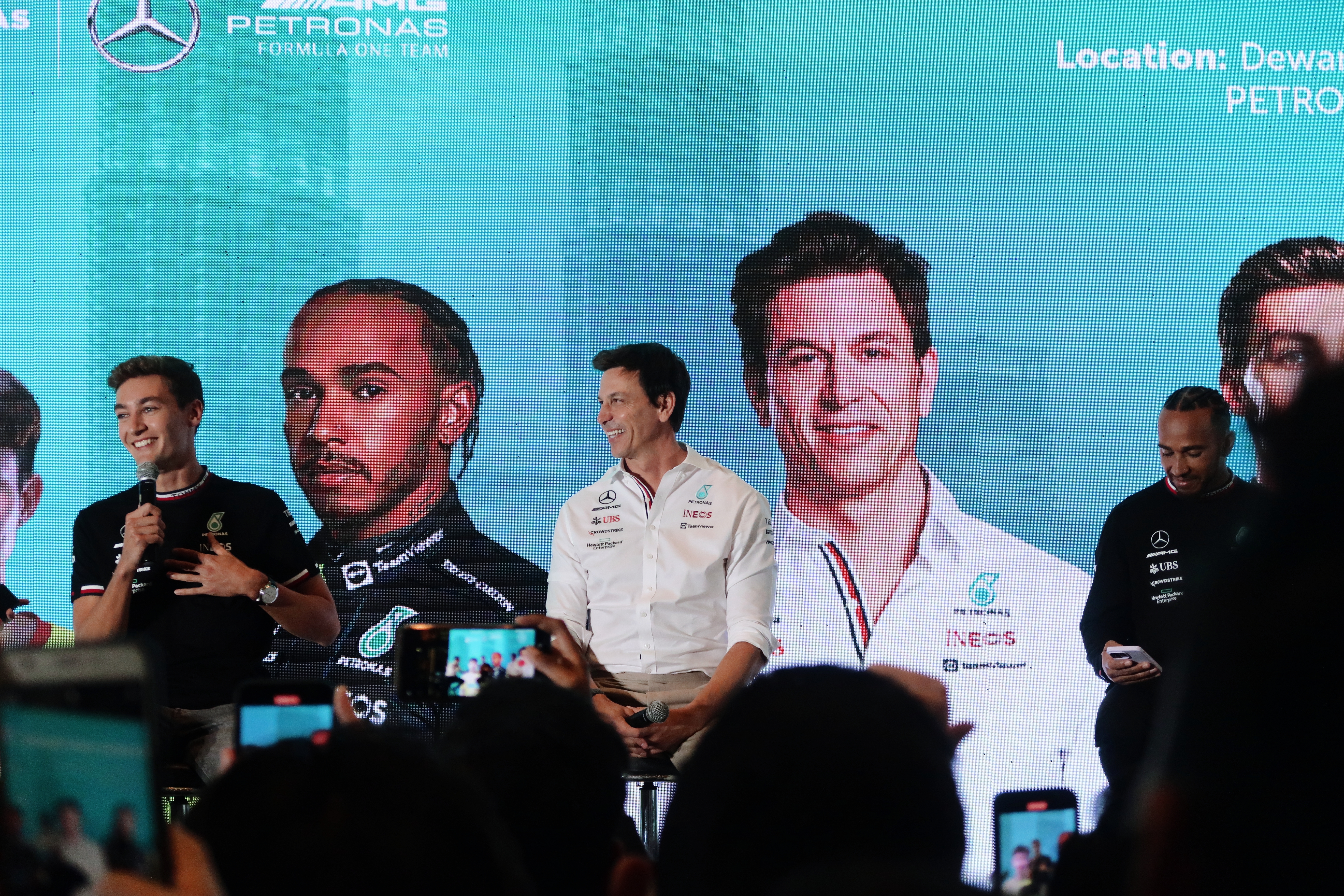 George Russell, Toto Wolff & Lewis Hamilton