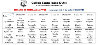 HORÁRIO DE TESTES AVALIATIVOS - 13 À 17 DE MAIO