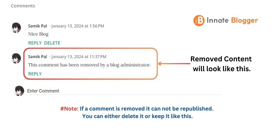 This is how removed Comment looks on Blogger Blog