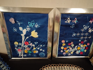 2 framed pieces. Tatted flowers, butterflies, etc on cyanotypes made using the tatting