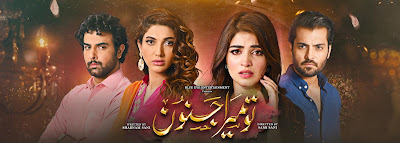 Tu Mera Junoon, Drama on GEO TV    Cast:   Asad Siddiqui As Taimoor  Noor Hassan As Salar  Kinza Hashmi As Hayat  Sana Fakhar As Roshan    Writer: Shabnam Sani  Director: Sami Sani  Production House: Blue Eye Entertainment