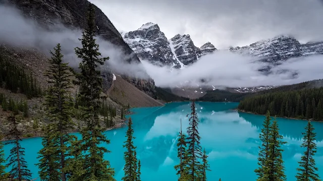 Lago, Montanhas, Árvores, Nuvens, Paisagem