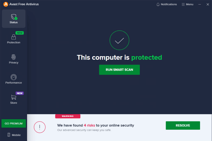 Interface do Avast Free Antivírus