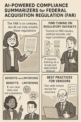 Panel 1 (Top Left): A female professional smiles while pointing to a document. The speech bubble says, “The FAR is so complex, but AI can help simplify these regulations.”  Panel 2 (Top Right): A male character gestures toward illustrated legal files and a data flow diagram. The text reads, “Trained on FAR clauses, contract records, and legal annotations,” and a caption adds, “It requires training on a broad and specialized dataset.”  Panel 3 (Bottom Left): A woman explains benefits while a confused man looks concerned. The text shows “BENEFITS: It can save time and aid compliance” and “LIMITATIONS” with a sad emoji.  Panel 4 (Bottom Right): A bald professional with glasses confidently points to a checklist and a laptop. The text reads, “BEST PRACTICES FOR VENDORS: Pair with human review for accuracy.”