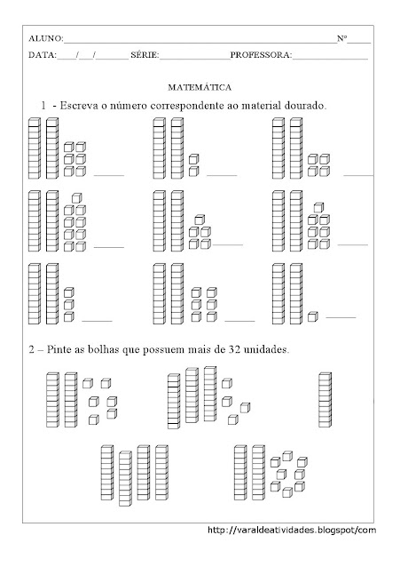 escrever o número correspondente  ao material dourado com dezenas e unidades