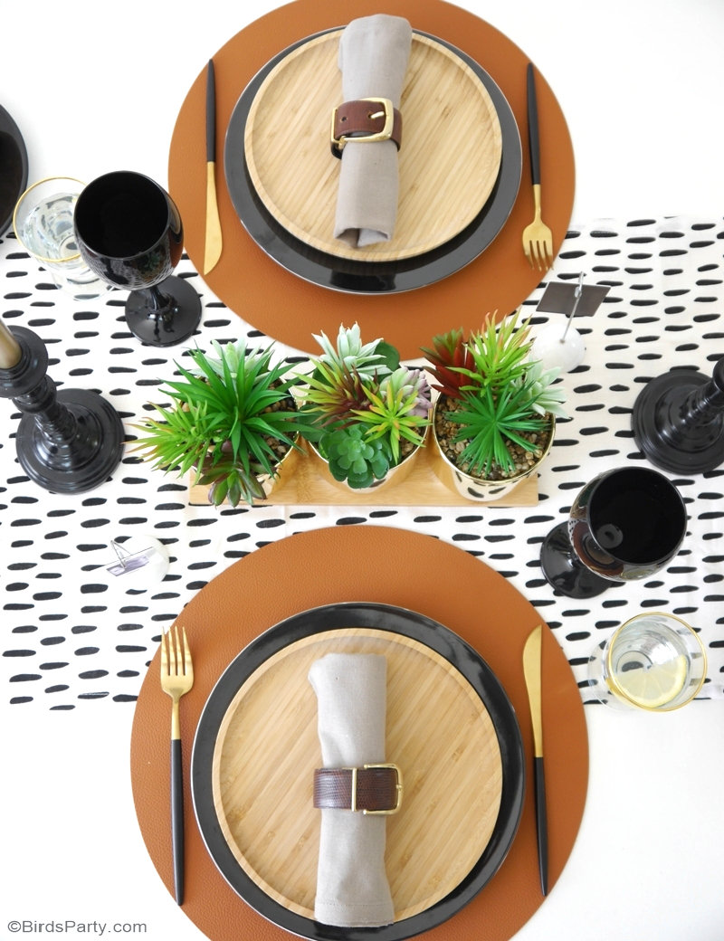 Décor de Table Masculin pour la Fête des Pères - table chic, moderne mais virile, en noir, blanc, marron et or, avec quelques détails DIY! by BirdsParty.com @birdsparty #fetedesperes #artdelatable #decordetable #fetedespapas