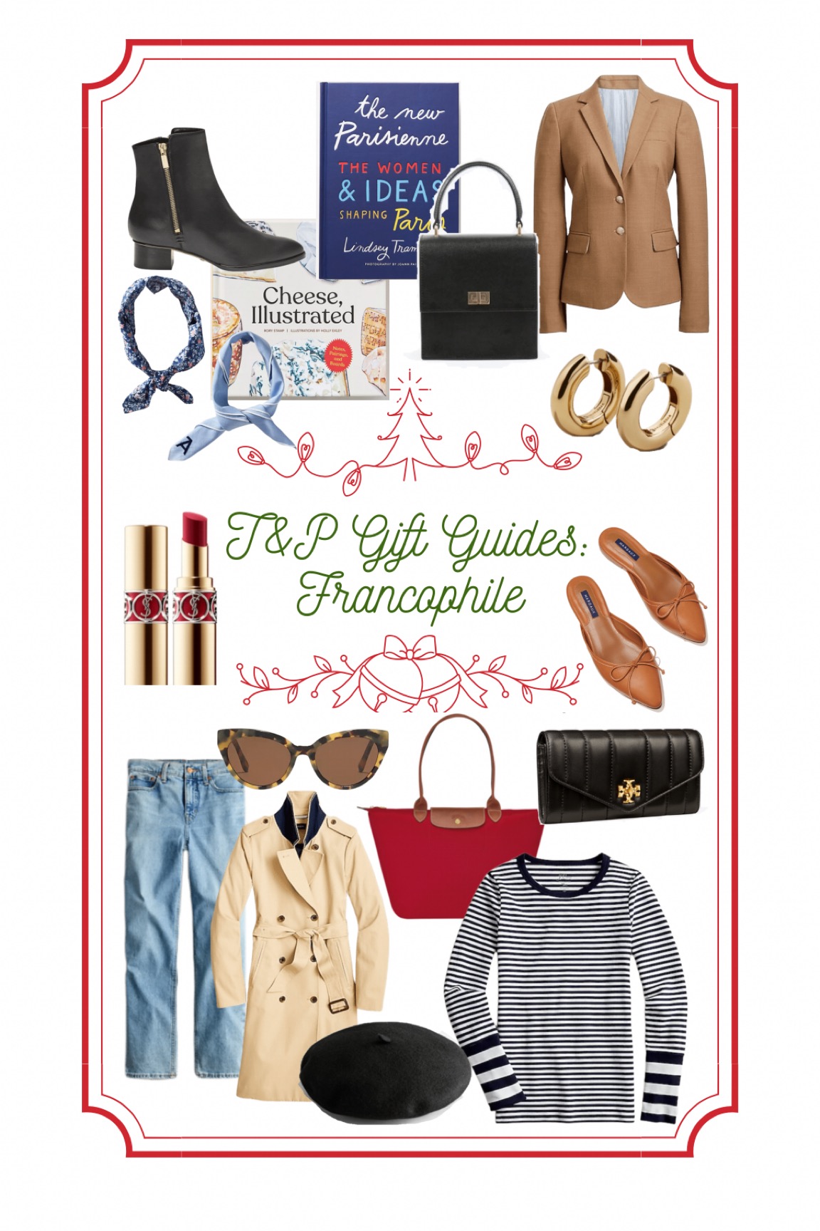 gifts for her, women's gift guide, unique gifts, francophone, francophile, paris, paris lover, french lover, trench coat, margaux, beret, Parisienne, parisienne style, french girl style, ysl, neck scarf, kerchief, cheese books, athropologie book, sarah flint, black booties