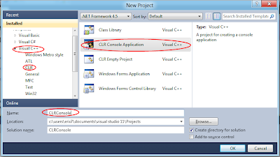 Select template of Visual C++ CLR Console Application