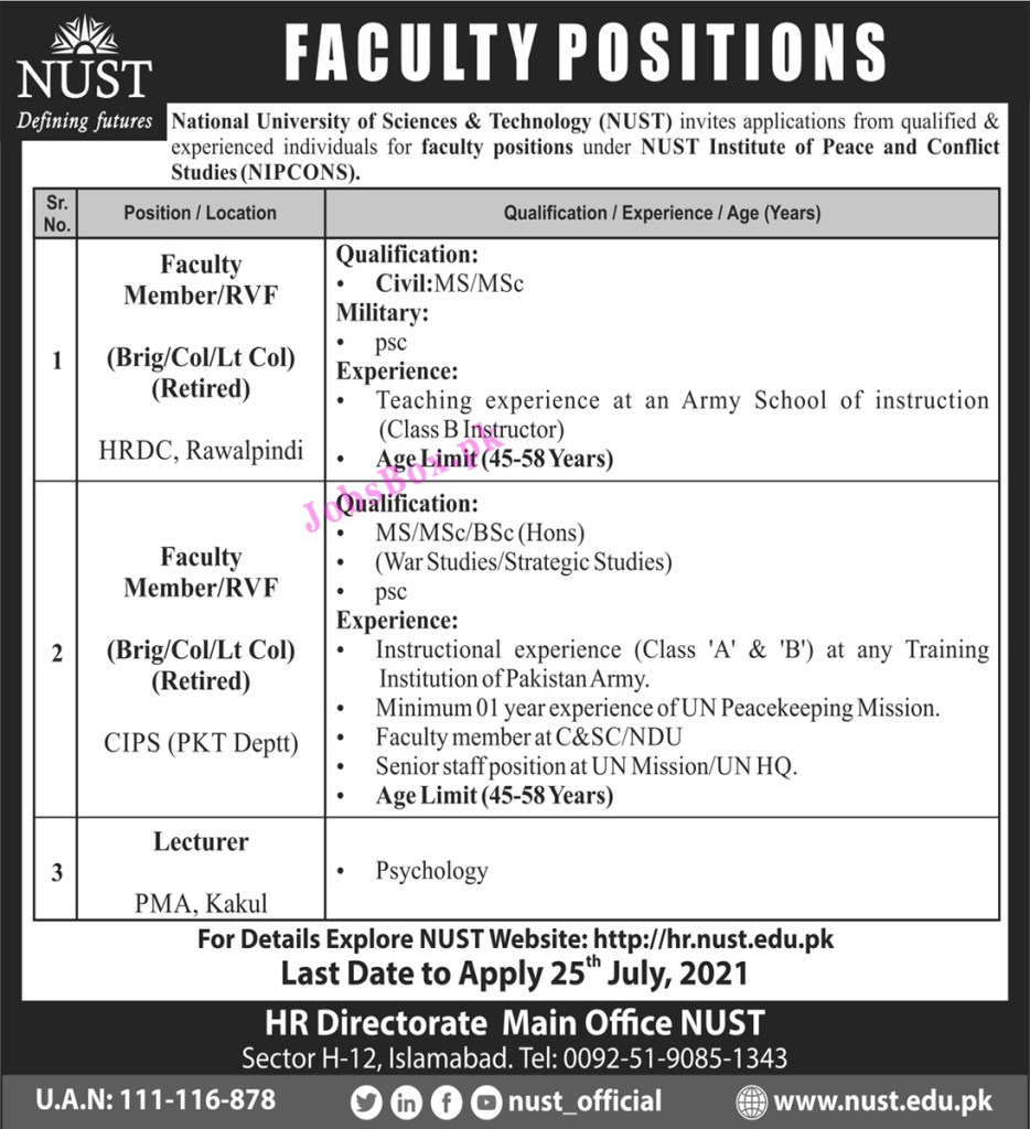 National University of Science & Technology NUST Jobs 2021